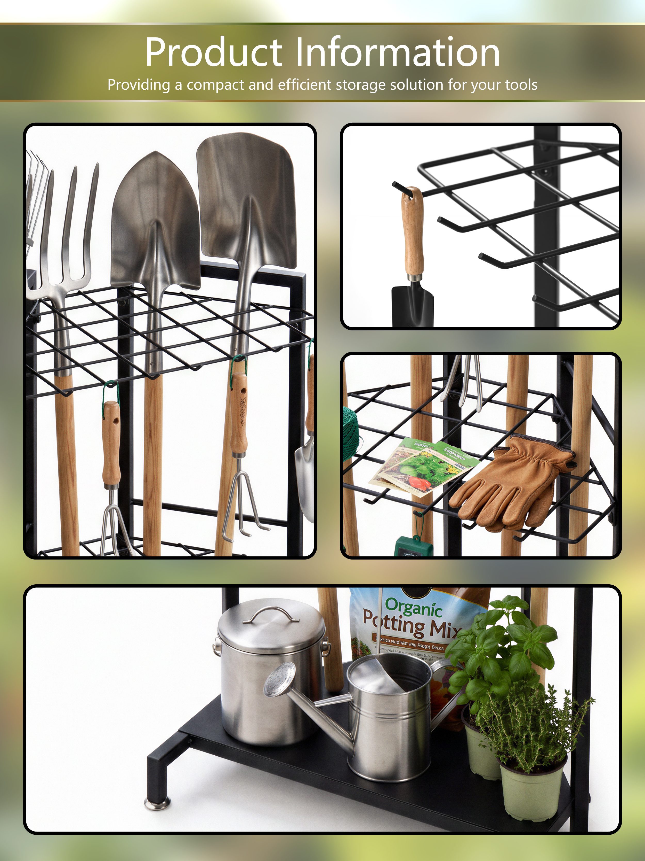Garden Tool Storage Rack, Heavy‑Duty Metal Garden Organizer Stand for Garage, Yard & Shed, 3‑Tier Outdoor Tool Holder for Long‑Handled Gardening Tools