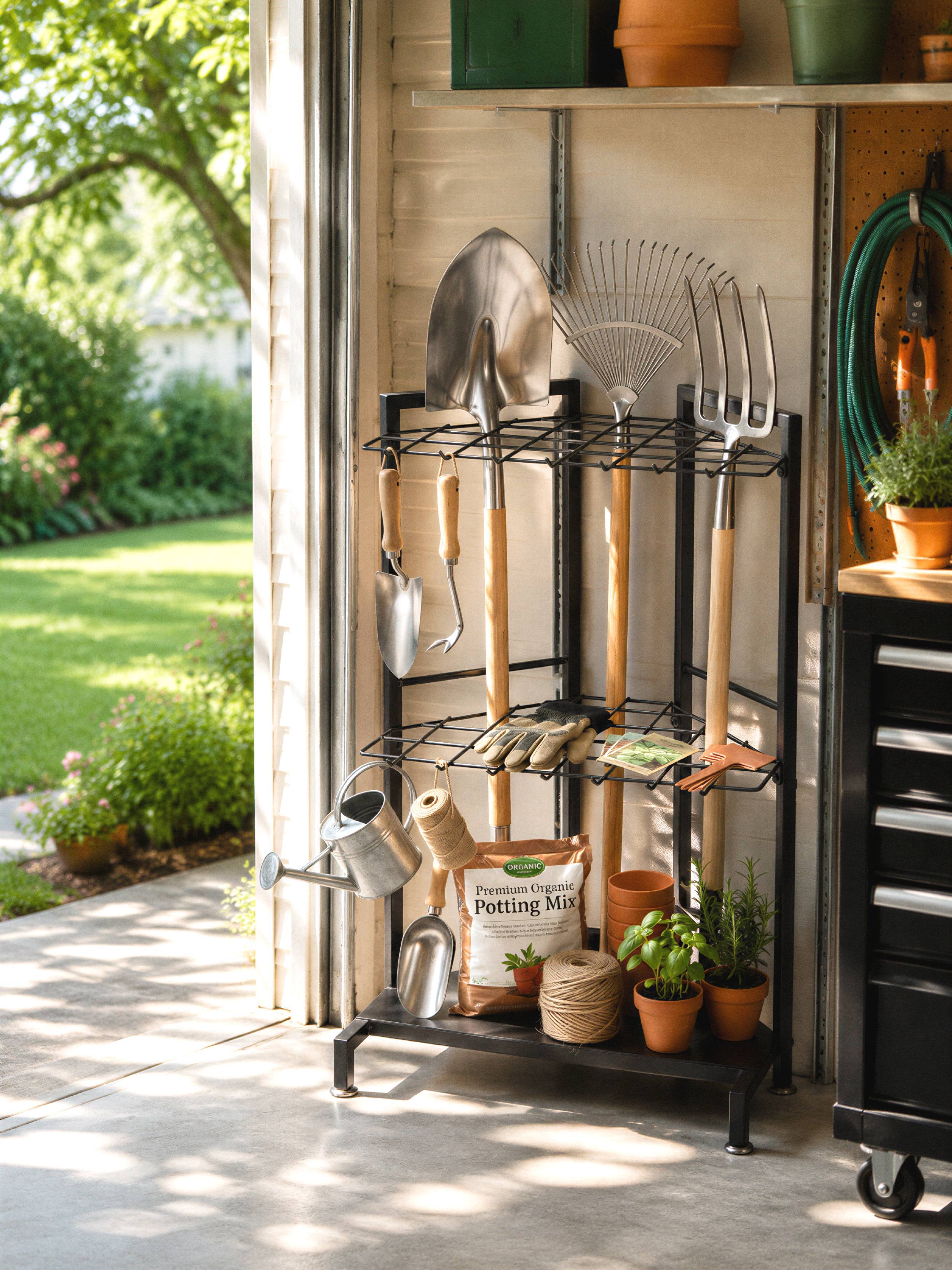 Garden Tool Storage Rack, Heavy‑Duty Metal Garden Organizer Stand for Garage, Yard & Shed, 3‑Tier Outdoor Tool Holder for Long‑Handled Gardening Tools