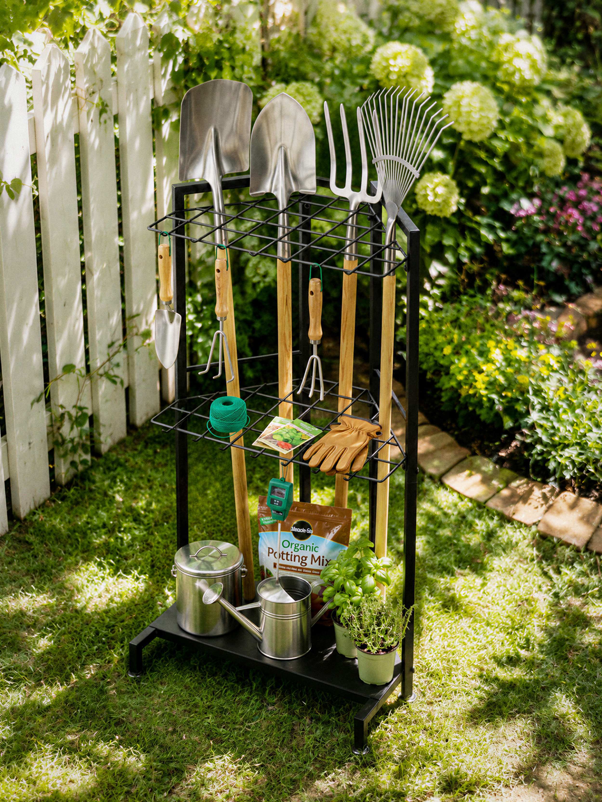 Garden Tool Storage Rack, Heavy‑Duty Metal Garden Organizer Stand for Garage, Yard & Shed, 3‑Tier Outdoor Tool Holder for Long‑Handled Gardening Tools