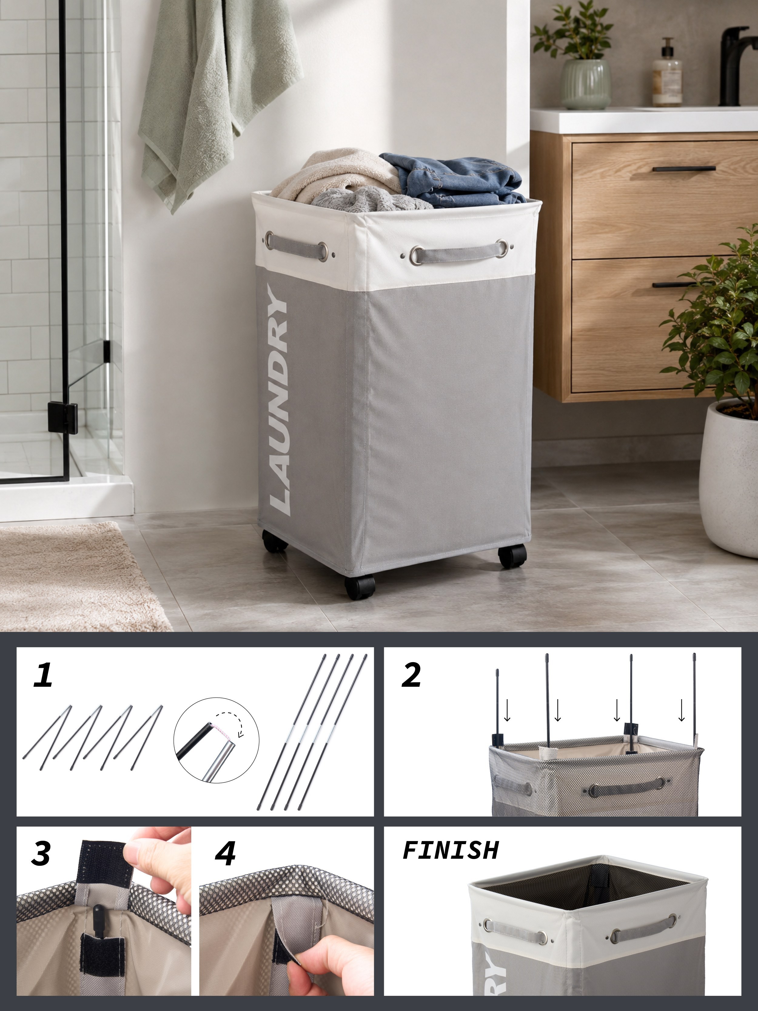 Rolling Laundry Hamper Cart - large size 1 pack - grey