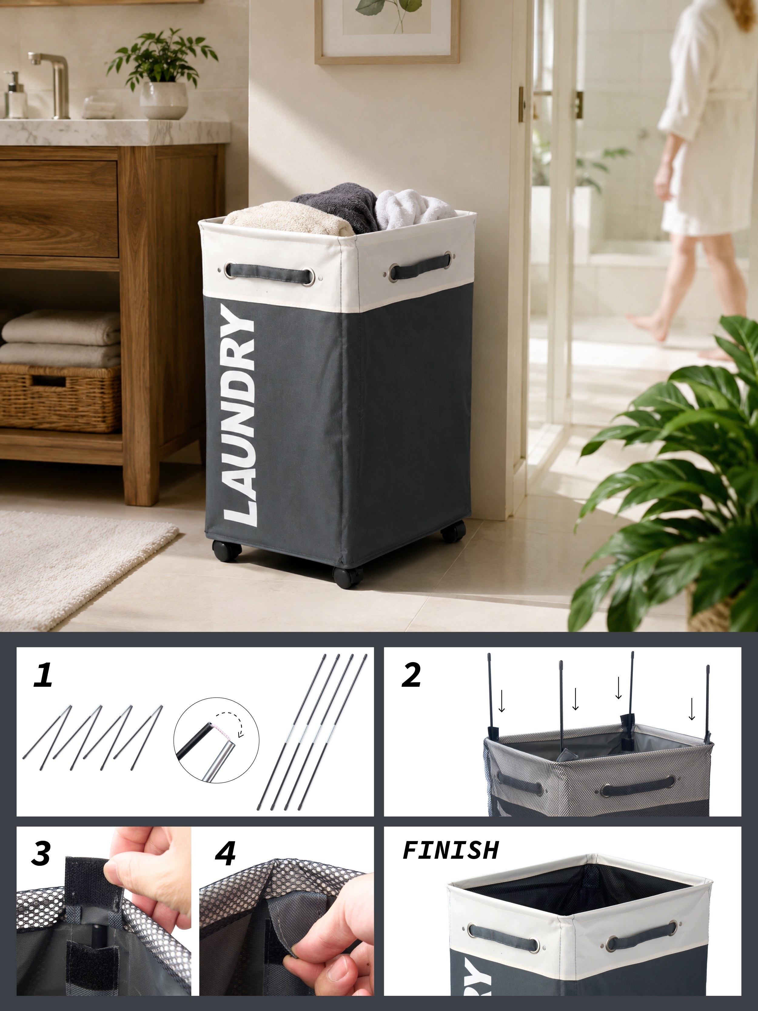 Rolling Laundry Hamper Cart - large size 1 pack - dark grey