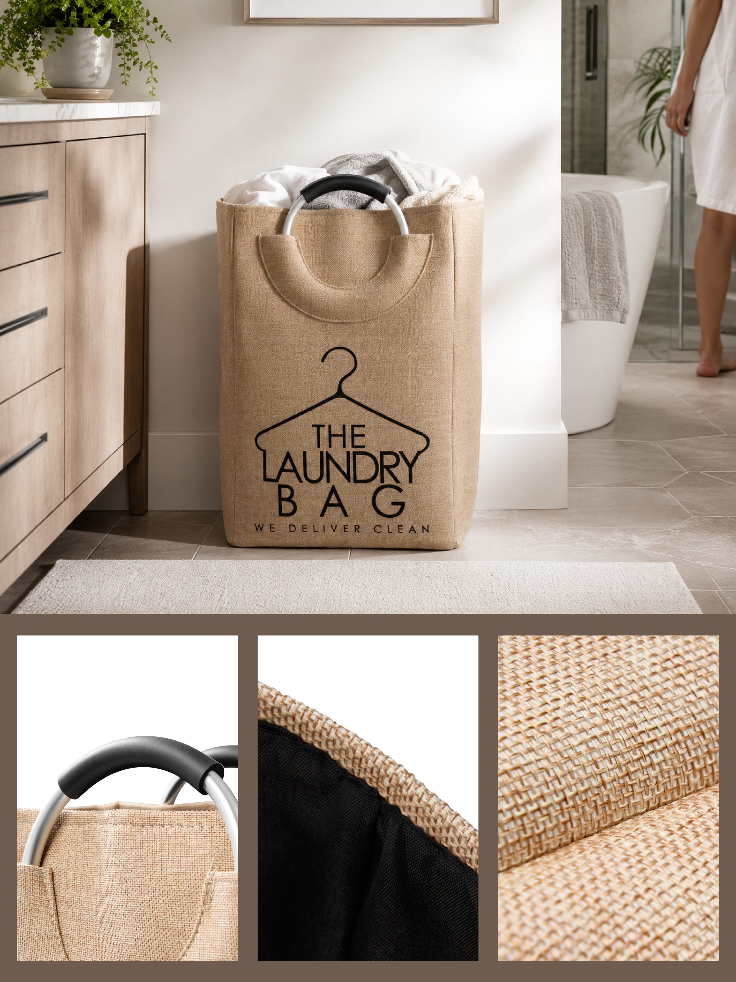 Jute Laundry Hamper Bag with Metal Handles, Large Collapsible Linen‑Look Laundry Basket for Bathroom, Bedroom & Laundry Room