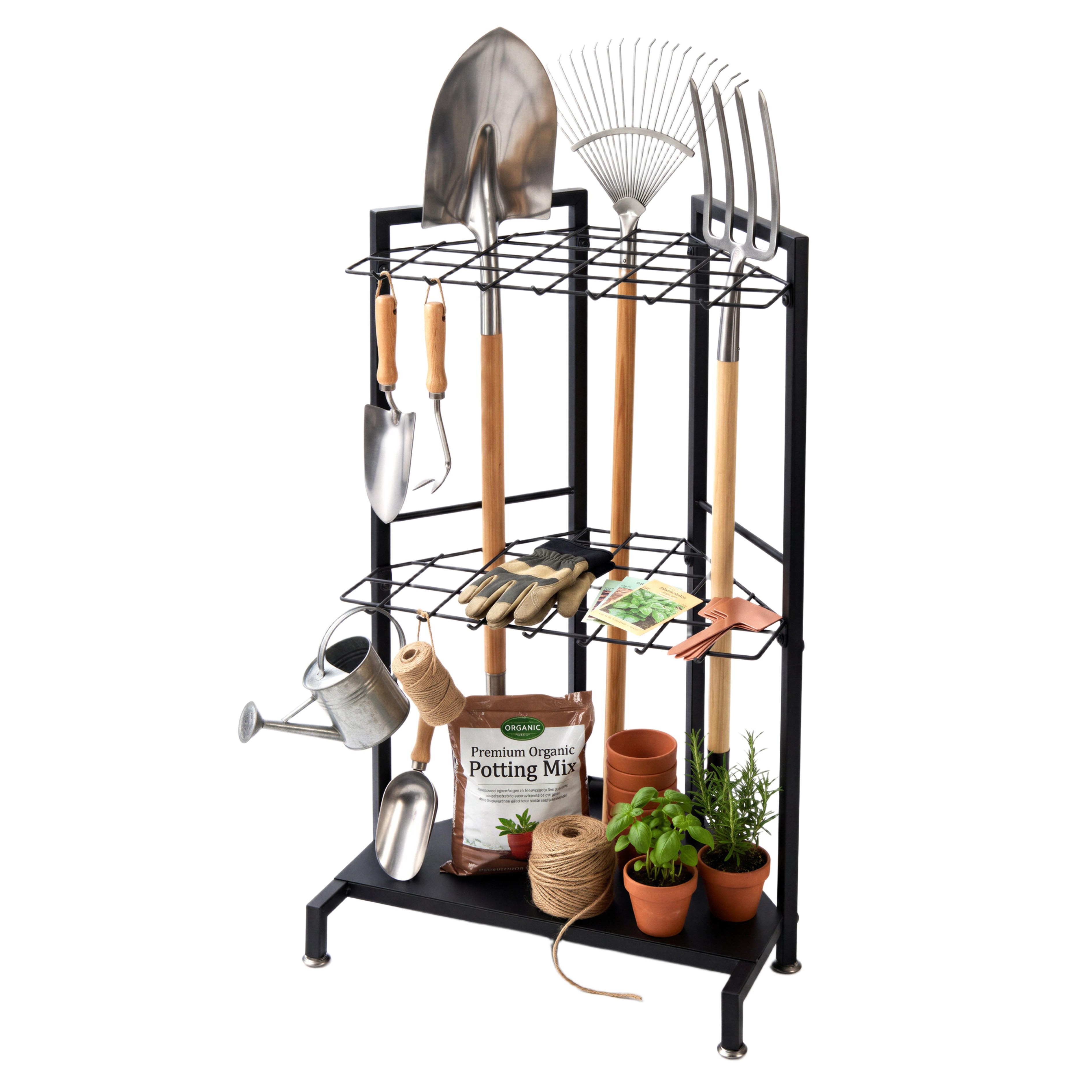 Garden Tool Storage Rack, Heavy‑Duty Metal Garden Organizer Stand for Garage, Yard & Shed, 3‑Tier Outdoor Tool Holder for Long‑Handled Gardening Tools