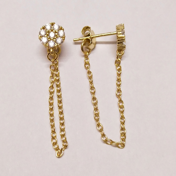 Lovely Design Sterling Silver Cubic Zirconia Tiny Disc Long Chain Stud Earrings