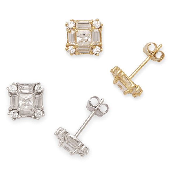 925 Sterling Silver 14K Gold Plated Cubic Zirconia Square Stud Earrings