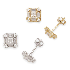 925 Sterling Silver 14K Gold Plated Cubic Zirconia Square Stud Earrings