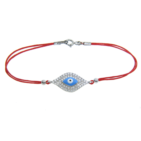 925 Sterling Silver Cubic Zirconia Aqua Enamel Evil Eye Cord Bracelet