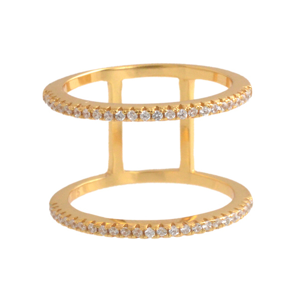 Fashion Sterling Silver Cubic Zirconia Double Layer Gold Bar Finger Ring