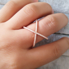 Popular Jewelry Rose Gold Plated Cubic Zirconia Sideway Cross Silver X Ring