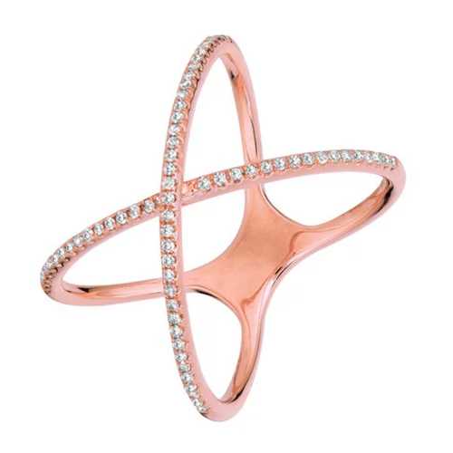 Popular Jewelry Rose Gold Plated Cubic Zirconia Sideway Cross Silver X Ring