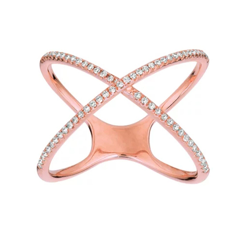 Popular Jewelry Rose Gold Plated Cubic Zirconia Sideway Cross Silver X Ring