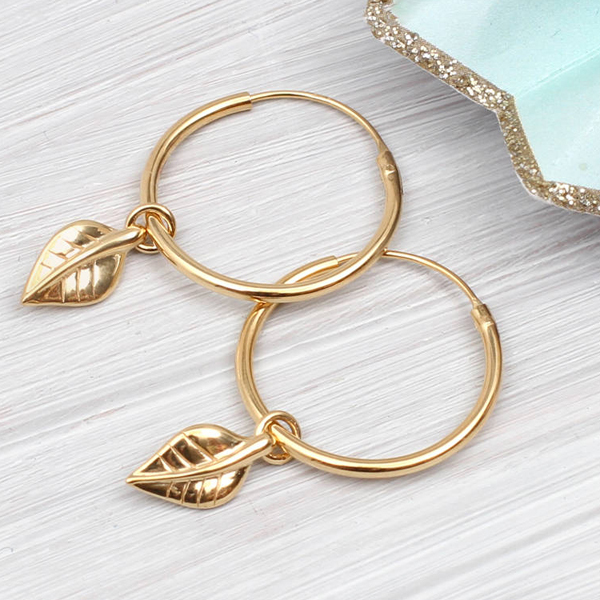 Fashion Jewelry Sterling Silver 14K Gold Plated Leaf Drop Hoop Earrings