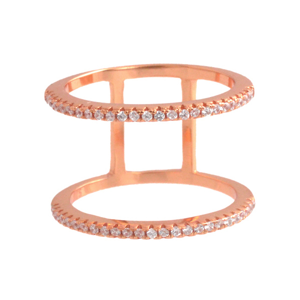 Fashion Sterling Silver Cubic Zirconia Double Layer Gold Bar Finger Ring