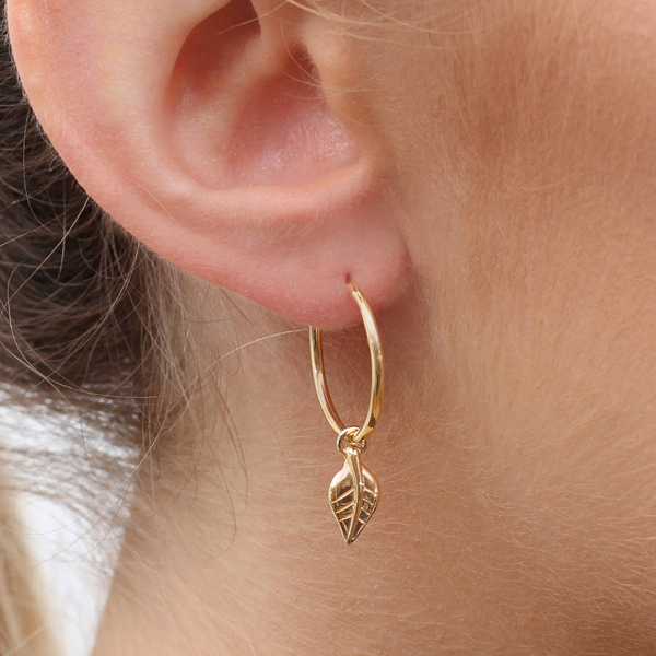 Fashion Jewelry Sterling Silver 14K Gold Plated Leaf Drop Hoop Earrings