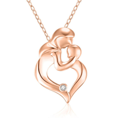 Sterling Silver Matt Gold CZ Mother and Child Heart Pendant Necklace