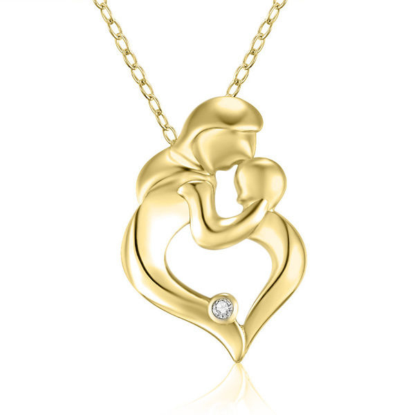Sterling Silver Matt Gold CZ Mother and Child Heart Pendant Necklace