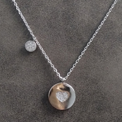 925 Sterling Silver Cubic Zirconia Round Disc Heart Charm Necklace Women