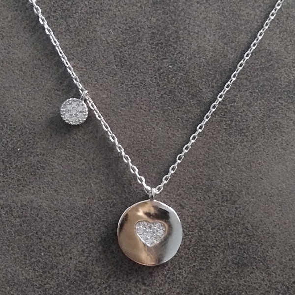 925 Sterling Silver Cubic Zirconia Round Disc Heart Charm Necklace Women