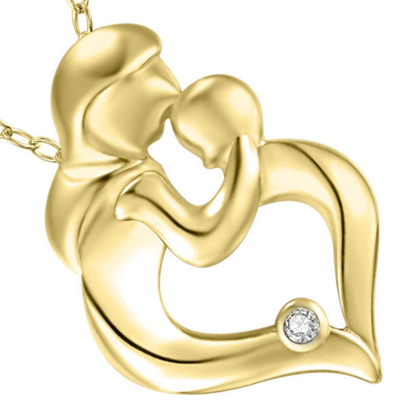 Sterling Silver Matt Gold CZ Mother and Child Heart Pendant Necklace