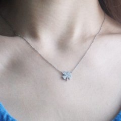 Rhodium Plated White Cubic Zirconia Four Leaf Clover Women Necklace