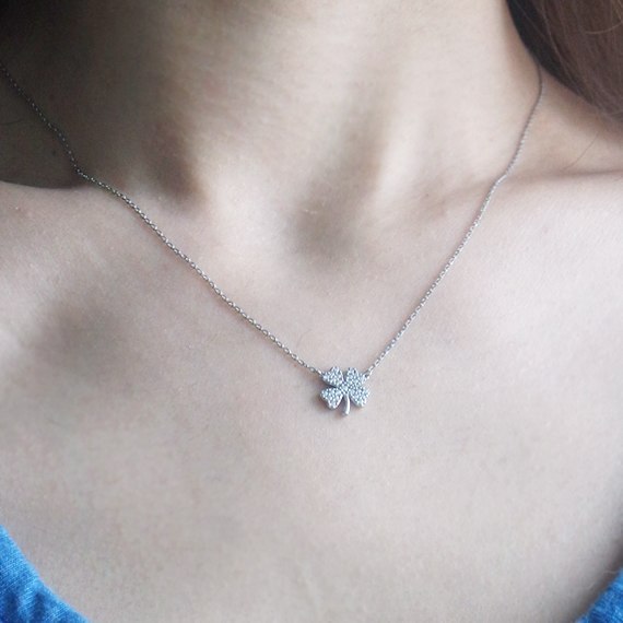 Rhodium Plated White Cubic Zirconia Four Leaf Clover Women Necklace