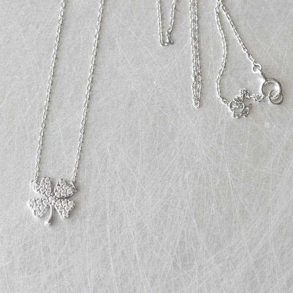 Rhodium Plated White Cubic Zirconia Four Leaf Clover Women Necklace