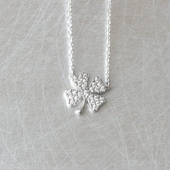 Rhodium Plated White Cubic Zirconia Four Leaf Clover Women Necklace