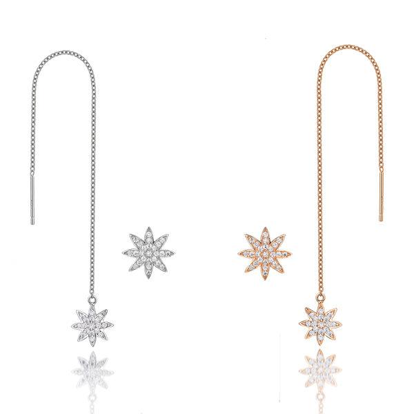 New Design Sterling Silver Cubic Zirconia Starburst Chain Threader Earrings
