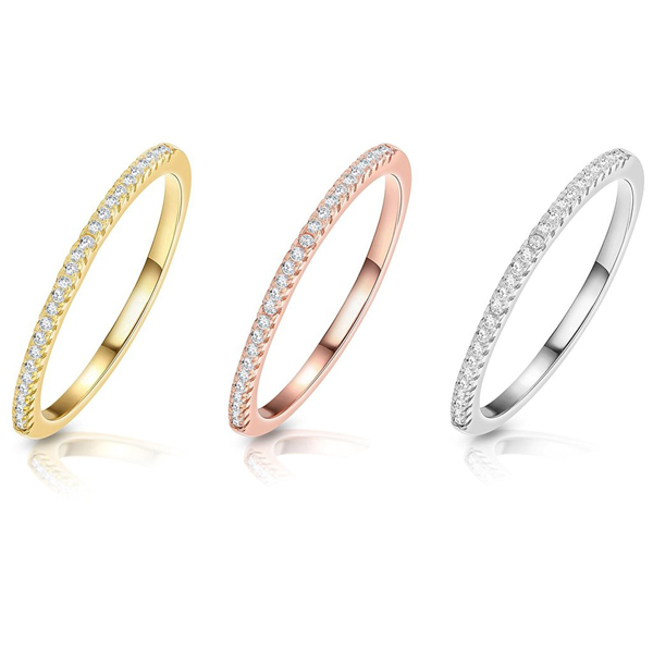 Simple Sterling Silver Cubic Zirconia Thin Half Eternity Stackable Band Rings