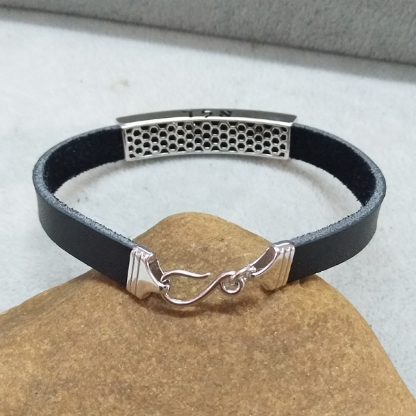 Sterling Silver Tradition Jewish Design Leather Hebrew Man Bangle Bracelet