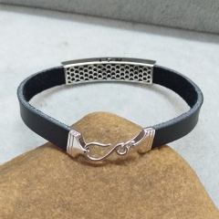 Sterling Silver Tradition Jewish Design Leather Hebrew Man Bangle Bracelet