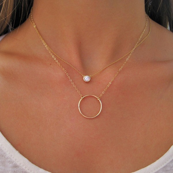 14K Gold Plated Sterling Silver Cubic Zirconia and Circle Double Layered Necklace