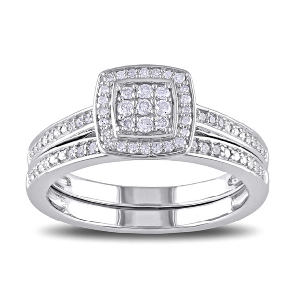 Fine Jewelry Sterling Silver Pave Set White Cubic Zirconia Bridal Ring Set