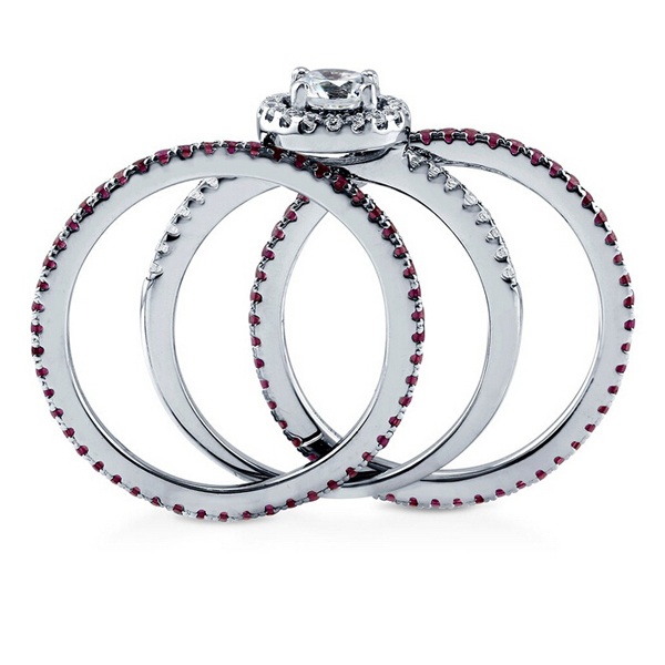 Sterling Silver White and Ruby Cubic Zirconia Halo Ring Set for Wedding