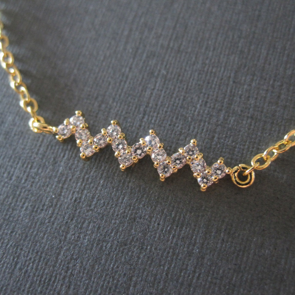 Sterling Silver 14K Yellow Gold Cubic Zircconia Waved Bar Becklace Women