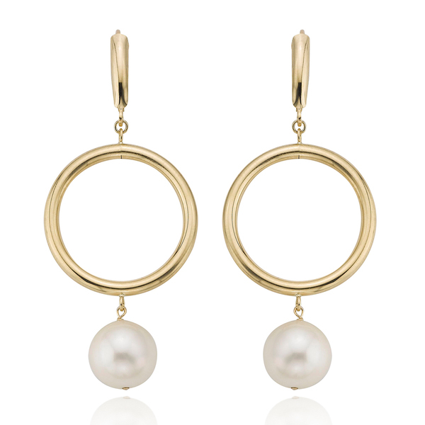Sterling Silver 14K Yellow Gold Freshwater Pearl Circle Dangle Hoop Earrings