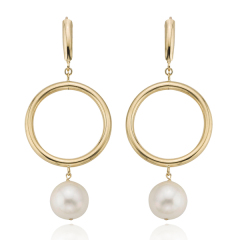 Sterling Silver 14K Yellow Gold Freshwater Pearl Circle Dangle Hoop Earrings