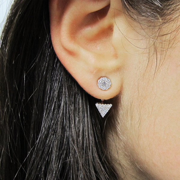 Sterling Silver Cubic Zirconia Triangle Double Back Arrows up Stud Earrings