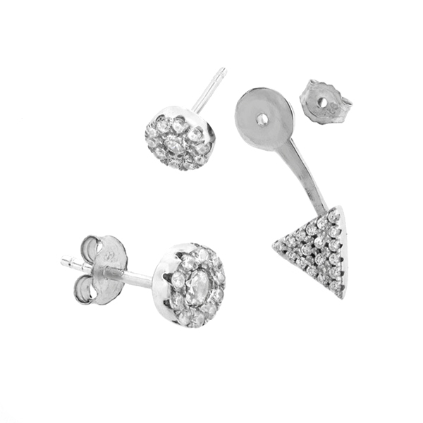 Sterling Silver Cubic Zirconia Triangle Double Back Arrows up Stud Earrings