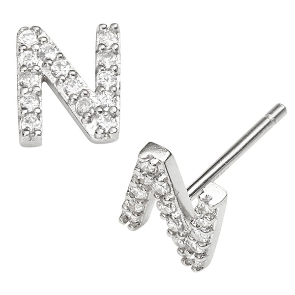 Sterling Silver Cubic Zirconia Letter of an Alphbet N Small Stud Earrings