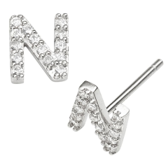 Sterling Silver Cubic Zirconia Letter of an Alphbet N Small Stud Earrings