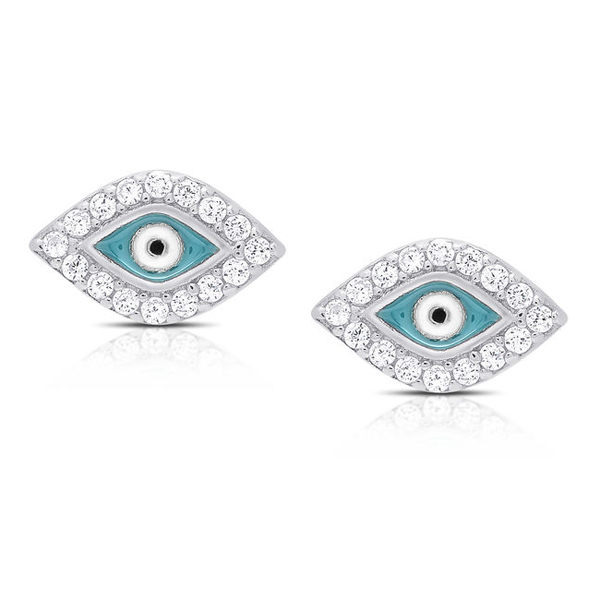 Sterling Silver Cubic Zirconia Turquoise Enamel Evil Eye Stud Earrings