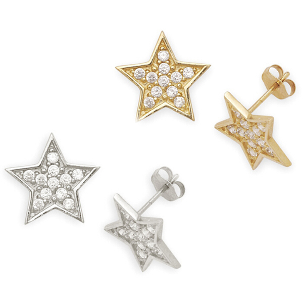Sterling Silver Cubic Zirconia 14K Gold Plated Star Stud Earrings Women