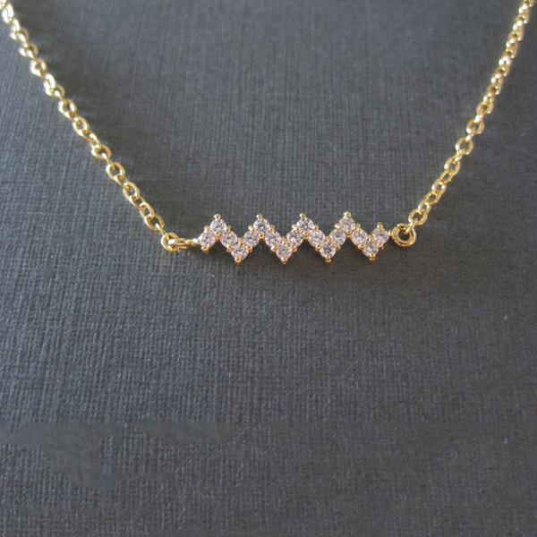 Sterling Silver 14K Yellow Gold Cubic Zircconia Waved Bar Becklace Women