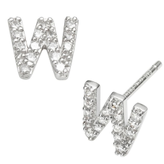 Sterling Silver Cubic Zirconia Letter of an Alphbet W Small Stud Earrings