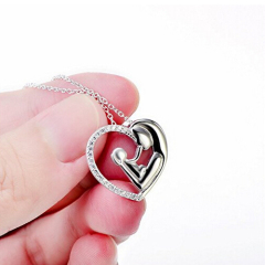 Sterling Silver CZ Mother and Child Love Heart Pendant Women Necklace