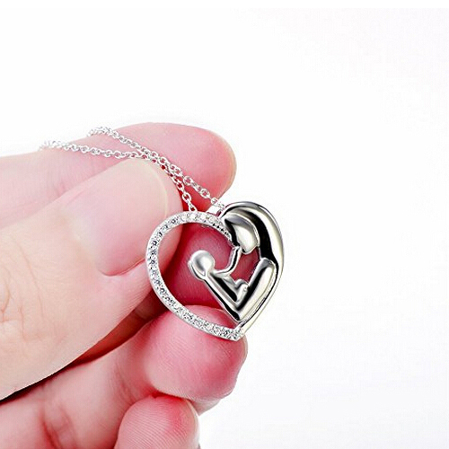 Sterling Silver CZ Mother and Child Love Heart Pendant Women Necklace