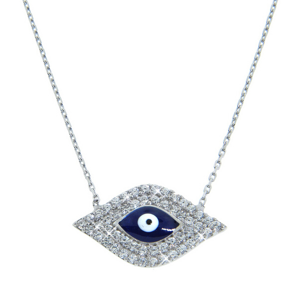 Fine Jewelry Sterling Silver Cubic Zieconia Enamel Blue Evil Eye Necklace