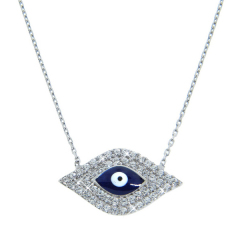 Fine Jewelry Sterling Silver Cubic Zieconia Enamel Blue Evil Eye Necklace