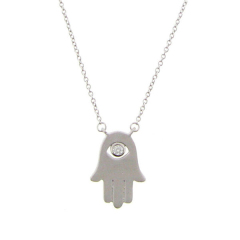 Matt Finished Sterling Silver Hamsa Hand Cubic Zirconia Eye Necklace